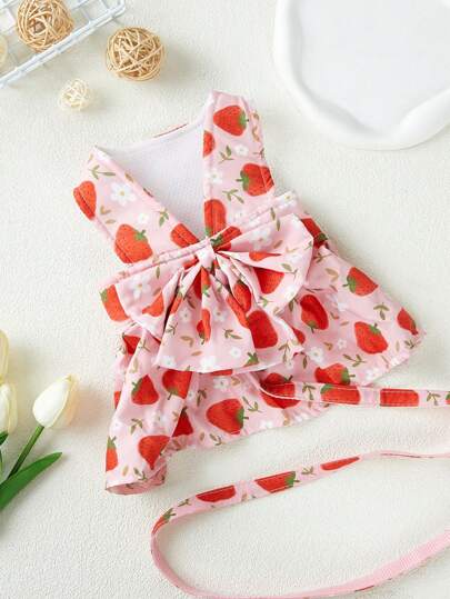 Amanda Zava Set de 1 collar y correa con estampado de fresas rosas kawaii en estilo lazo para mascotas, ideal para actividades al aire libre, días festivos y San Valentín