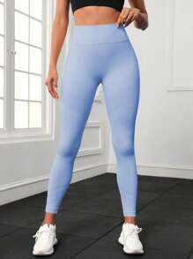 Easithlete Seamless Wide Waistband Sports Leggings - Blue - View 2