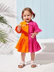 SHEIN Zomervakantie voor babymeisjes met colorblock-jurk met ruches aan de zoom en uitlopende mouwen