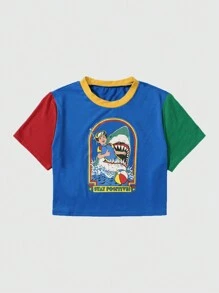 Stevenrhodes Áo thun croptop họa tiết cá mập Street Life Graphic Color-Block, trường học - Nhiều màu - Xem 1