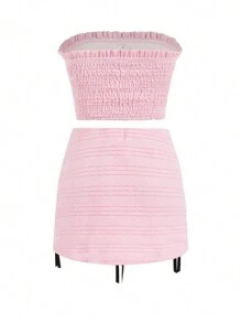 SHEINNeu Conjunto de duas peças de verão rosa com laço estilo balé kawaii - Rosa - Ver 2