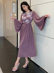 DAZY In hoa Vá lại Váy vừa vặn & loe Với chuông - Màu tím - Xem 7