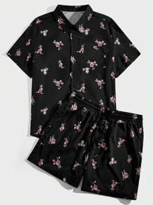 Manfinity RSRT Men's Plus Size Floral Printed Button-Down Shirt And Shorts Set - Black - View 3