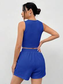SHEIN EZwear 天藍色格紋細節背心短褲休閒套裝 - 寶藍色 - 查看 2