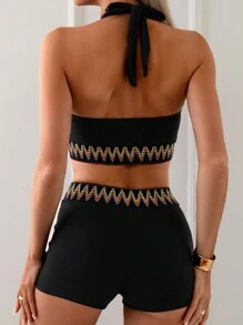 Swim Lushoire 女士拼布波浪编织肩带比基尼套装分体比基尼套装泳装泳衣沙滩装夏季度假、夏季海滩