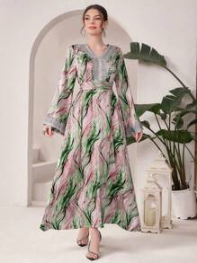 Al Najma Vestido De Manga Larga Con Cuello En V Acanalado Y Estampado De Plantas Para Mujer