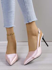 Fashionable Pink Satin Sandals For Women With Pointed Toe, Ankle Buckle Strap, Stiletto Heels, And Hollow Design At The Back