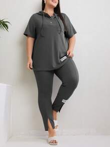 Mulvari Plus Size Hooded Short Sleeve Top With Letter Patch And Split Pants With Drawstring