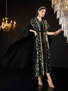 SHEIN Najma Bộ đồ phong cách Thổ Nhĩ Kỳ rộng rãi có cổ chữ V và họa tiết lá vàng - màu đen - Xem 1