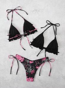 Swim Mod Floral Print Side Tie 3pcs Bikini Set (Random Print), Including Bottom And Top, Bikini Set Swimwear Bathing Suit Beach Outfit Summer Vacation,Summer Beach - Multicolor - View 2