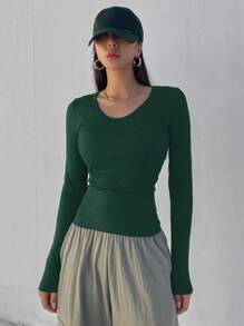 DAZY Camiseta de manga larga de ajuste ceñido con cuello redondo acanalado de unicolor, ropa de otoño