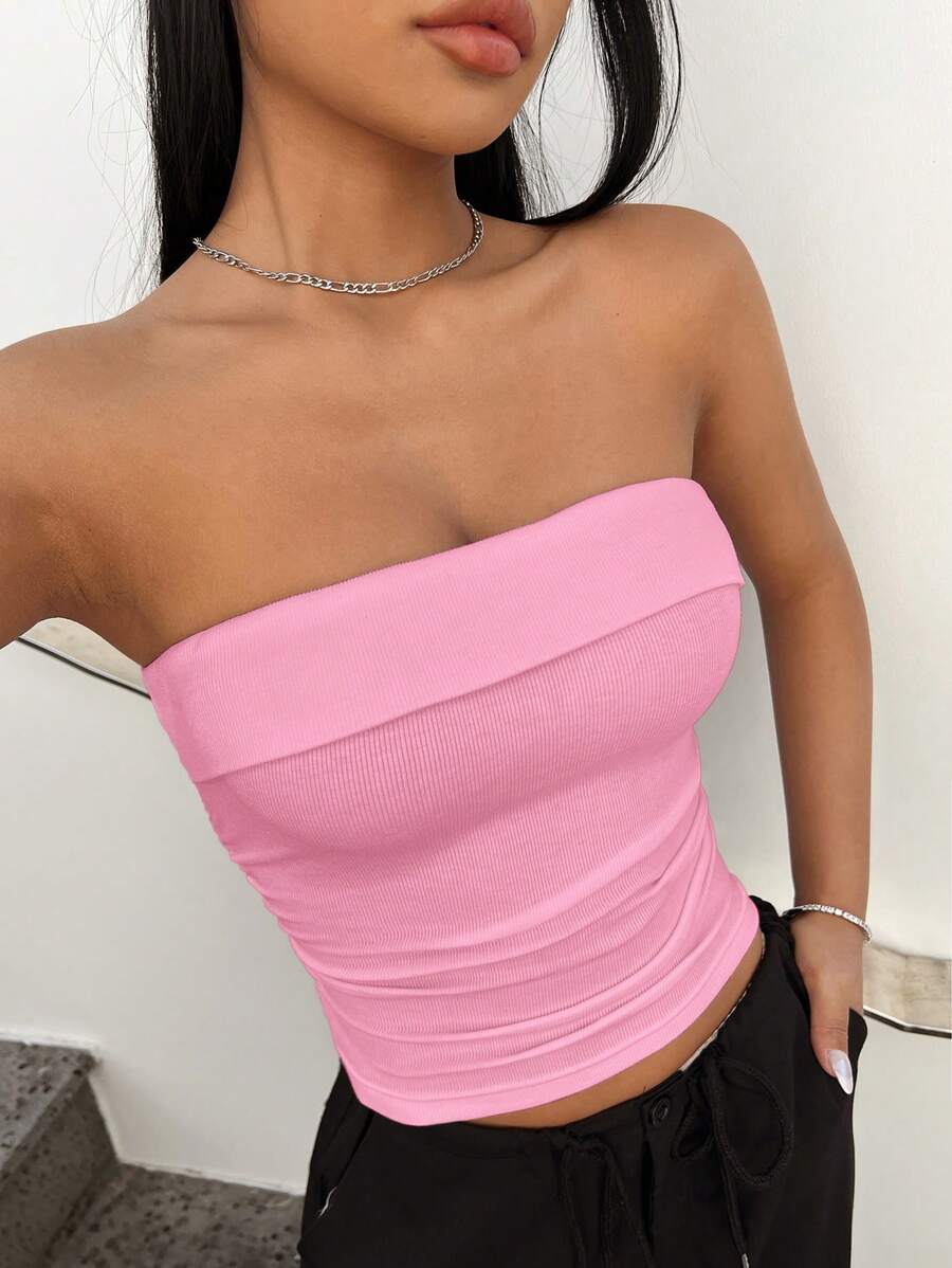 SHEIN EZwear Solid Color Knitted Tube Top - Pink - View 1