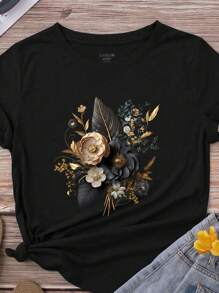 INAWLY Plus Size Floral Print Short Sleeve T-Shirt Graphic Tees Women Tops