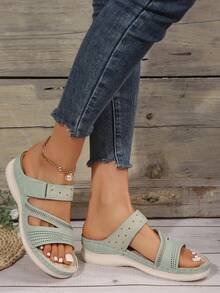 Mùa hè Giải trí ngoài trời Dấu phân cách ngón chân Đầy màu sắc Sáng bóng Dệt Của phụ nữ Nêm Dày Đáy Dép xăng đan - màu xanh lá - Xem 1