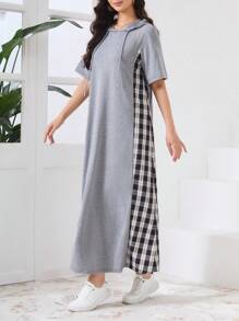 Seusyu 女式格紋拼接束口連帽裙 - 灰色 - 查看 4