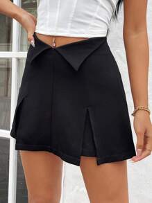 SHEIN Privé 女士派对黑色优雅不对称腰部开衩裙 - 黑色 - 查看 5