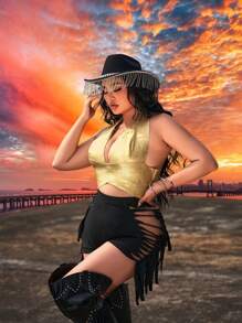 SHEIN SXY Plus Spring Summer Rhinestone Bandage Women Tops - Black - View 3