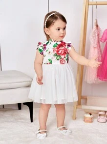 SHEIN Baby Girl Chinese Style Cheongsam Dress With Flower Print, Mesh Contrast And Ruffle Trim