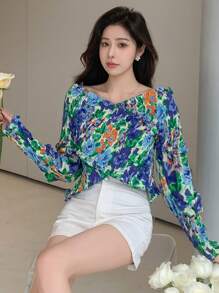 DAZY Women's Floral Printed Cross Off Shoulder Blouse,Fall Women Clothes Long Sleeve Top Vacation Outfits Women Easter Boho - Multicolor - View 3
