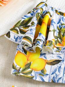 Tween Girl Lemon Print Ruffle Trimmed Bandeau Top And Skirt Set, Perfect For Vacation In Summer - Multicolor - View 5