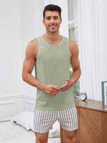 SHEIN 2 Unids/set Chaleco De Color Sólido Para Hombres Y Pantalones Cortos A Rayas Ropa De Casa Informal