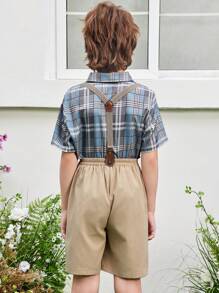 SHEIN 2 Stücke/Set Hemd im College-Stil mit elegantem Karomuster und abnehmbarer Hosenträger-Shorts für Tween Jungen