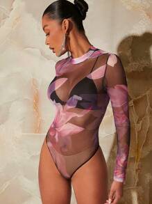 Hauture 花卉印花透明網布連身衣 - 黑色 - 查看 4