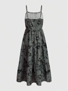 ROMWE Goth Allover Print Ruffle Hem Cami Dress - Green - View 2