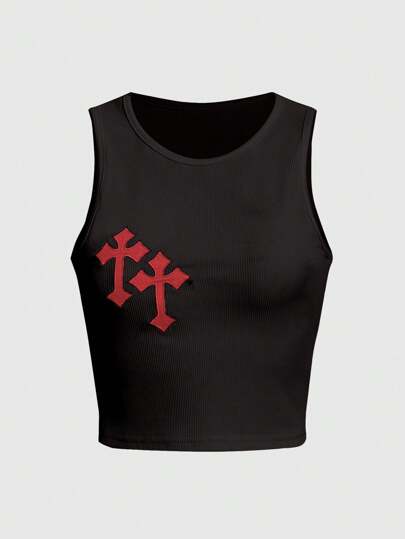 Grunge Punk Cross Embroidery Ribbed Tank Top, School