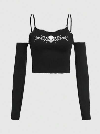 Grunge Punk Skull Graphic Stitching Trim Cold Shoulder Crop Top