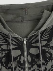 ROMWE Fairycore Butterfly Print Zip Up Drop Shoulder Drawstring Hoodie, School - Grey - View 3