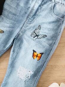 SHEIN Chica Joven Camiseta de hombros descubiertos & Pantalones acampanados con estampado de mariposa
