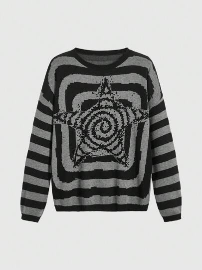 Fairycore Striped & Star Pattern Drop Shoulder Sweater