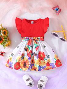 Bebé Niña Vestido Evasé Con Estampado Floral Y De Mariposas, Manga Corta Y Cuello Redondo - Multicolor - Ver 1