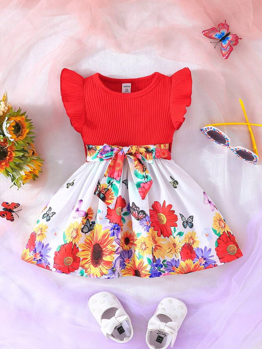 Bebé Niña Vestido Evasé Con Estampado Floral Y De Mariposas, Manga Corta Y Cuello Redondo - Multicolor - Ver 1
