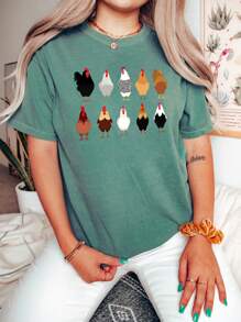 INAWLY Cartoon Chicken Printed Round Neck Short Sleeve T-Shirt Graphic Tees Women Tops - Green - View 1