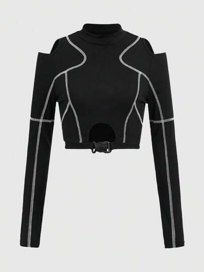 Grunge Punk Stitching Trim Cut Out Buckle Linked Crop Tee