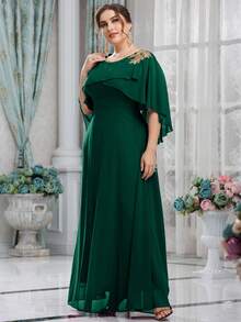 UNITHORSE Đầm phù dâu bằng chiffon thêu hoa thanh lịch, cổ tròn, cỡ lớn dành cho nữ. - Màu xanh lá cây đậm - Xem 4