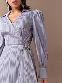 Modelyn Vestido de Manga Bufante Longa com Gola Virada para Baixo, Elegante Vestido de Festa da Noite, Vestidos de Festa Longos - Azul - Visão 4