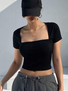 DAZY Women's Solid Square Neck Short Sleeve Cropped T-Shirt