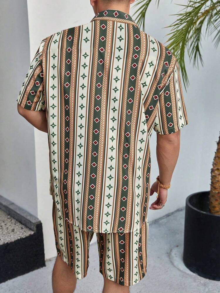 Men's Plus Size Geometric Printed Short Sleeve Shirt And Shorts 2pcs/Set