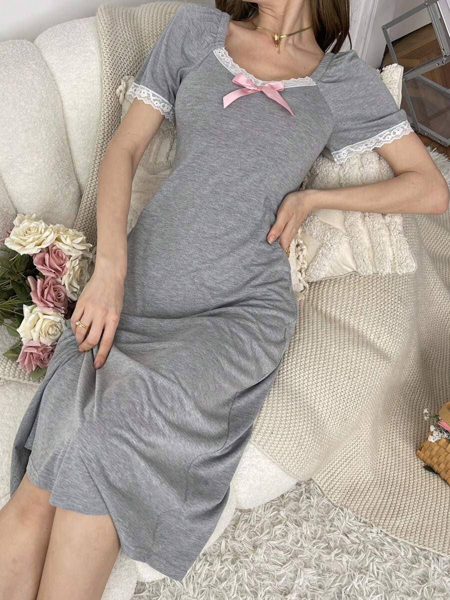 Short-Sleeve Pajama Sleepwear Dress With Splicing Lace Bow Decoration