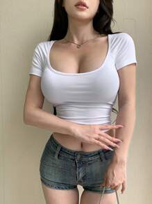 DAZY Women's Short Sleeve Tight Crop Top With Large Round Neckline Summer - White - View 7