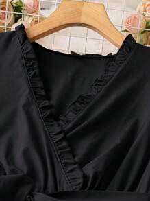 SHEIN Unity 加大码纯色蘑菇褶下摆长款连衣裙女装 - 黑色 - 查看 3