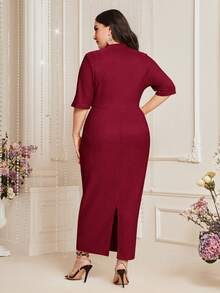Modelyn Burgundy Red Plus Size Women's Solid Color Choker V-Neck Short Sleeve Dress - Burgundy - View 2