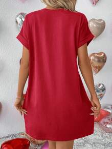 SHEIN LUNE 女士情人節心形印花口袋蝙蝠袖連衣裙 - 紅色 - 查看 2
