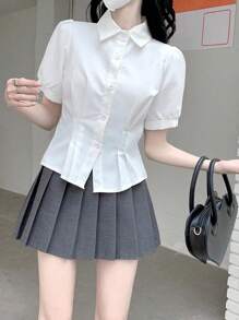 女士纯色褶皱短袖衬衫 - 白色 - 查看 6