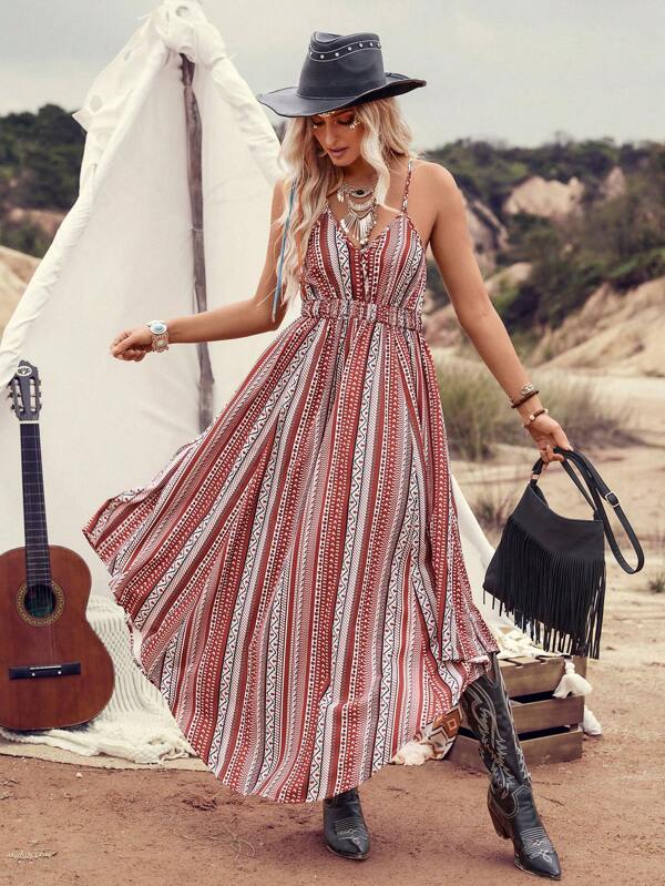 Breezaya Women's Striped Geometric Print Spaghetti Strap Dress