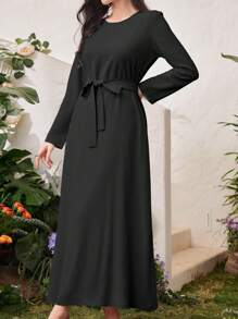 Al Najma Solid Color Modest Long Sleeve Arabian Dress And Jacquard Front Open Abaya, Fashion Robe Abaya For Casual/Festival/Gathering/Travel