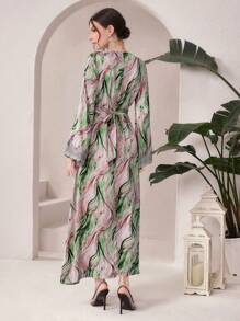 Al Najma Vestido De Manga Larga Con Cuello En V Acanalado Y Estampado De Plantas Para Mujer